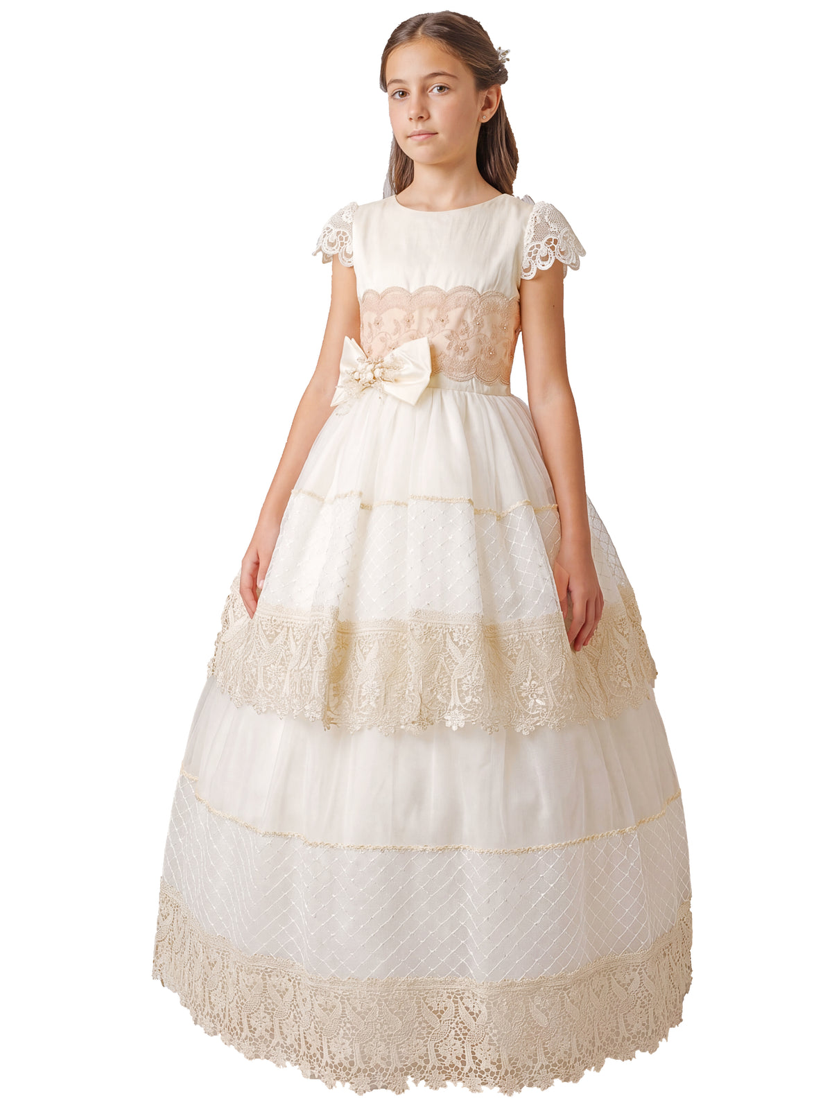 Vestido de Primera Comunión L-10 hueso con encaje kaki, versión larga, fondo blanco AMAZON-BLANCO