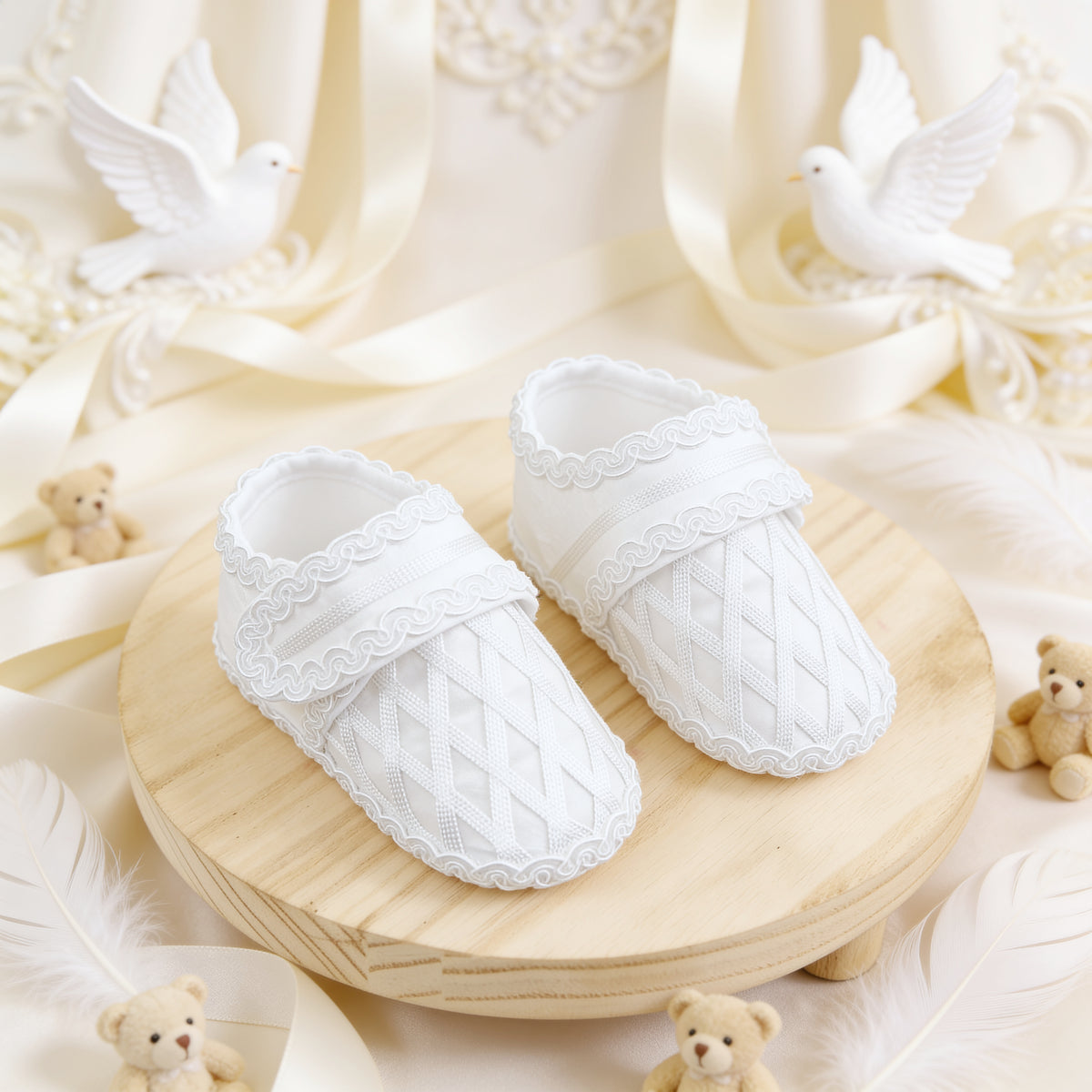 Zapato de tela para bautizo 023 blanco, acolchado en rombos con orilla de puntilla — par completo